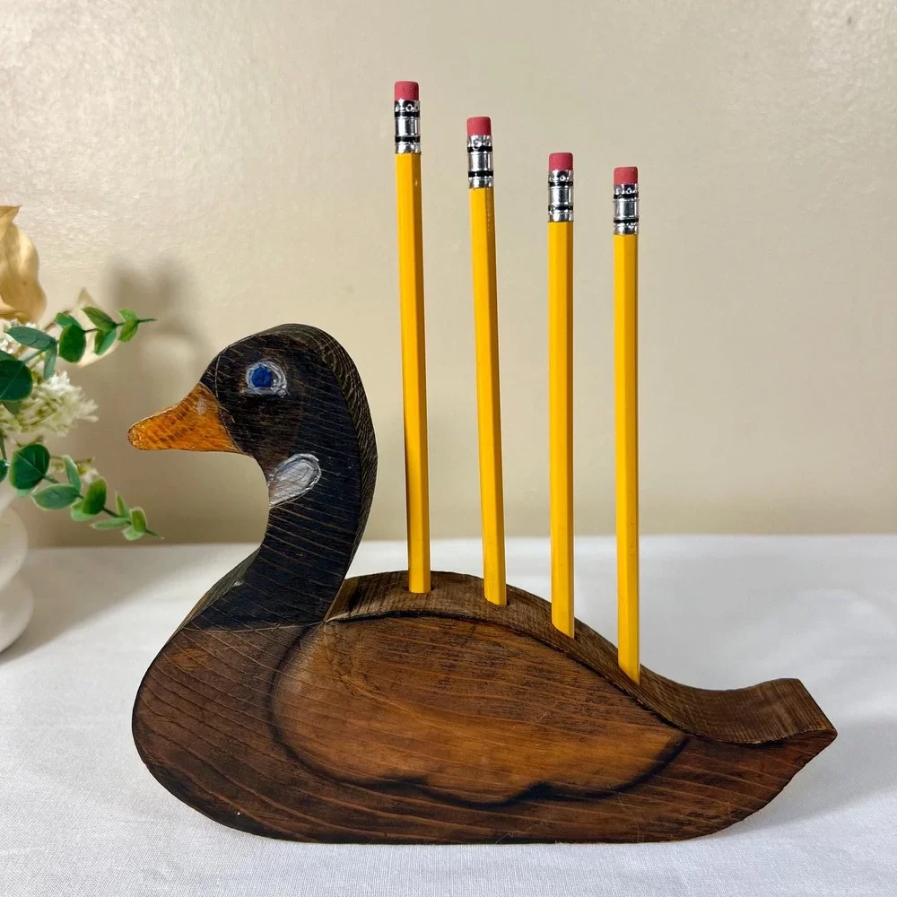 Vintage 1988 Hand-Carved Painted Wooden Duck Pencil Holder